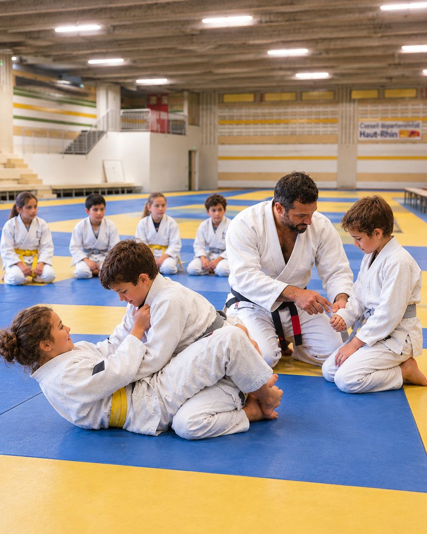 Le cours enfants : deux enfants travaillent la garde fermée pendant que le professeur corrige un placement